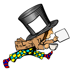 mad hatter with clean label on hat holding paper